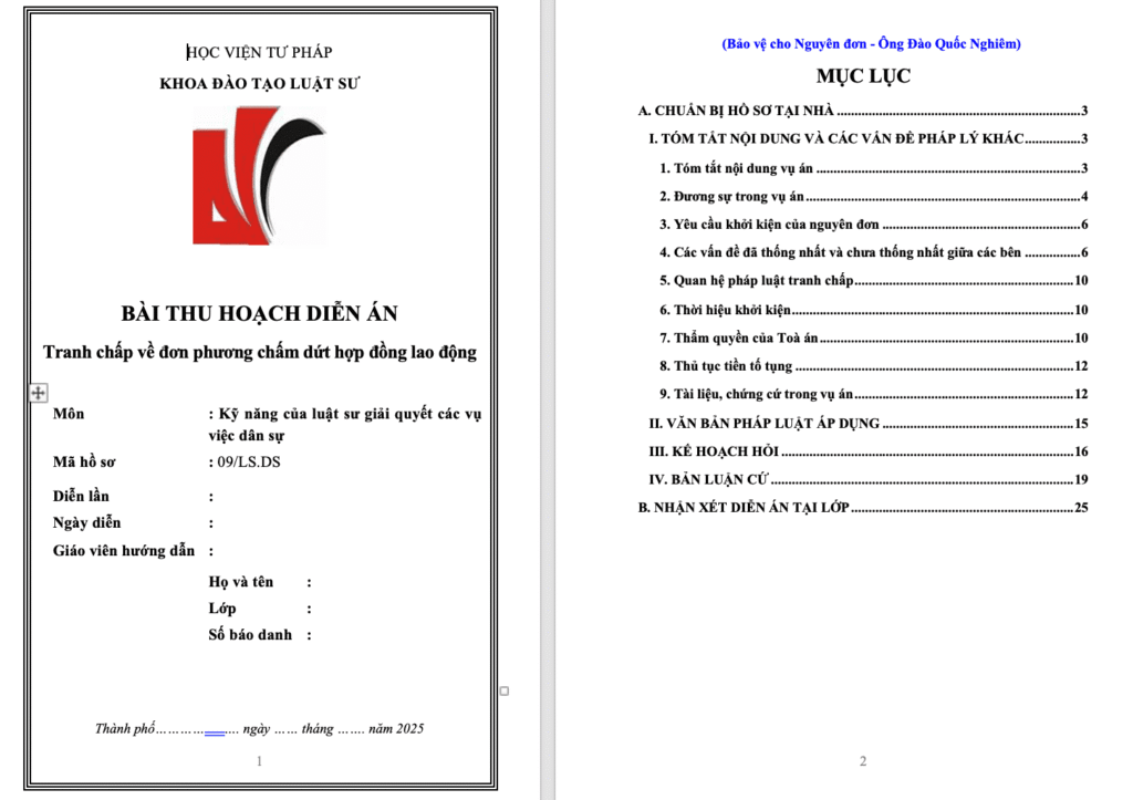 Bìa và mục lục bài thu hoạch dân sự 09